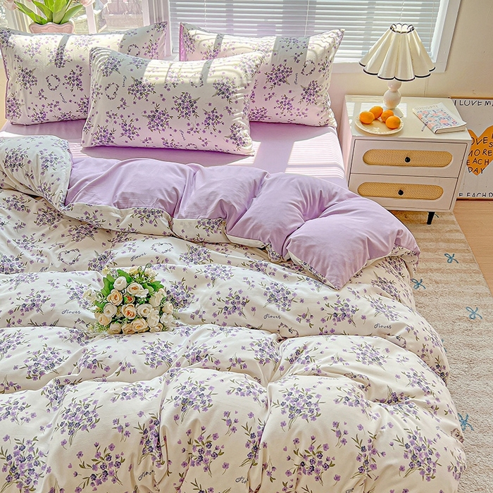 91家纺网 家纺一手货源 找家纺 2025水洗棉双层纱简约风ins风小碎花被套床单款床笠款三四件套-单被套 薰衣草