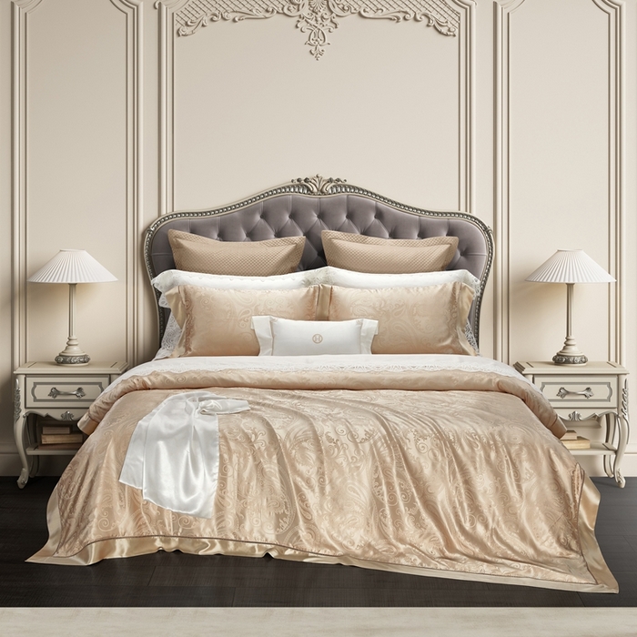 91家纺网 家纺一手货源 找家纺 赫本真丝馆（珍丝纺） 2025新款真丝提花系列四件套 佩德拉-金