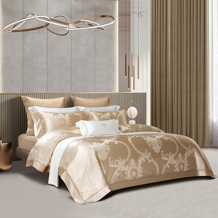 91家纺网 家纺一手货源 找家纺 赫本真丝馆（珍丝纺） 2025新款真丝提花系列四件套 卡诺尔-金