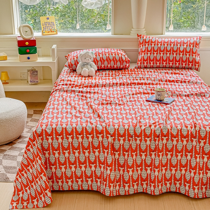 91家纺网 家纺一手货源 找家纺 2025新款全棉床单床笠 长颈鹿 床单款