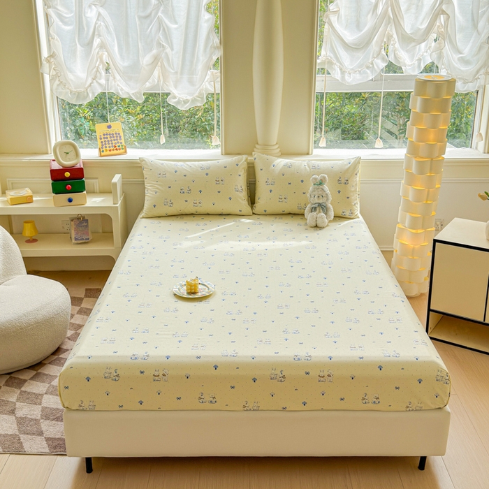 91家纺网 家纺一手货源 找家纺 2025新款全棉床单床笠 熊护萌兔  床笠款