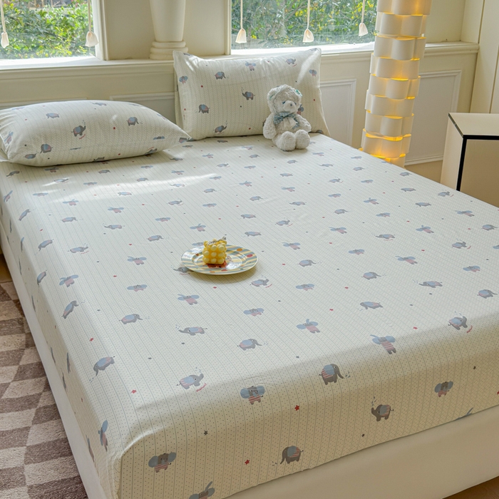 91家纺网 家纺一手货源 找家纺 2025新款全棉床单床笠 灰条小象 床笠款