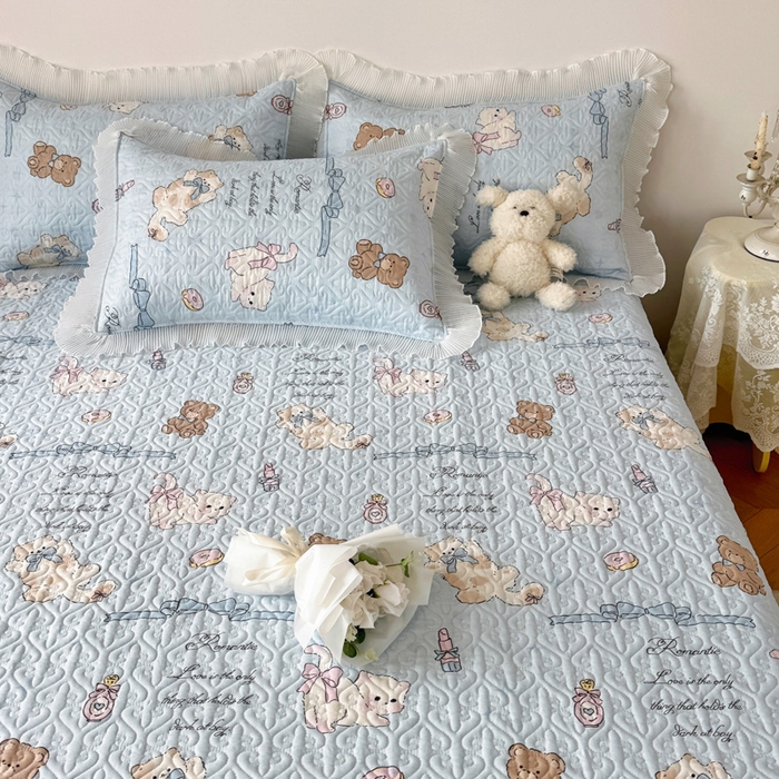 91家纺网 家纺一手货源 找家纺 添越 2024小清新韩版蕾丝花边纯棉夹棉床盖三件套全棉