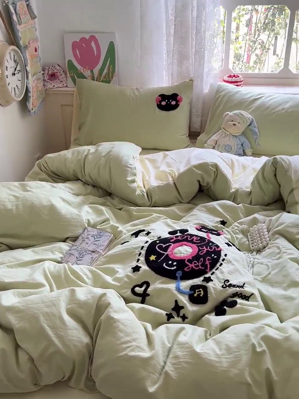 91家纺网 家纺一手货源 找家纺 曼谷家纺 2025新款软糯毛巾绣水洗棉四件套 音乐节-豆绿芝士