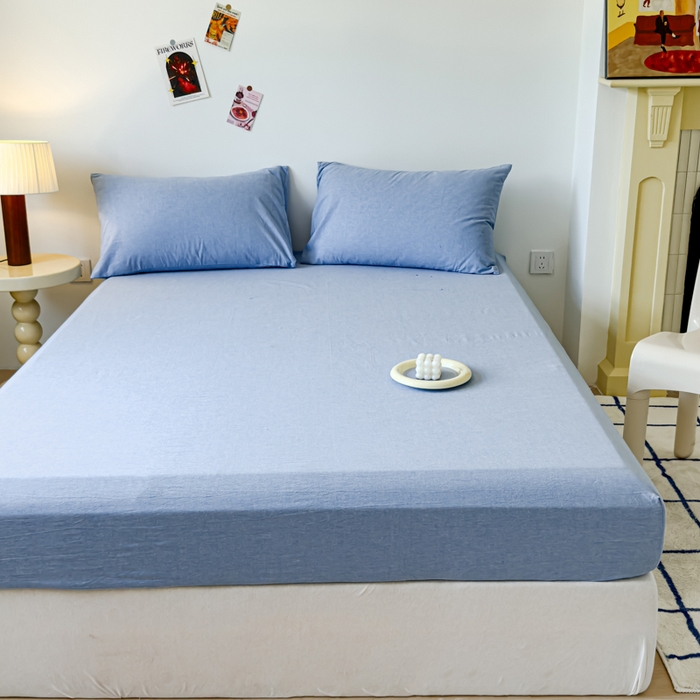 91家纺网 家纺一手货源 找家纺 2025新款全棉色织水洗棉床单床笠 天蓝 床笠款