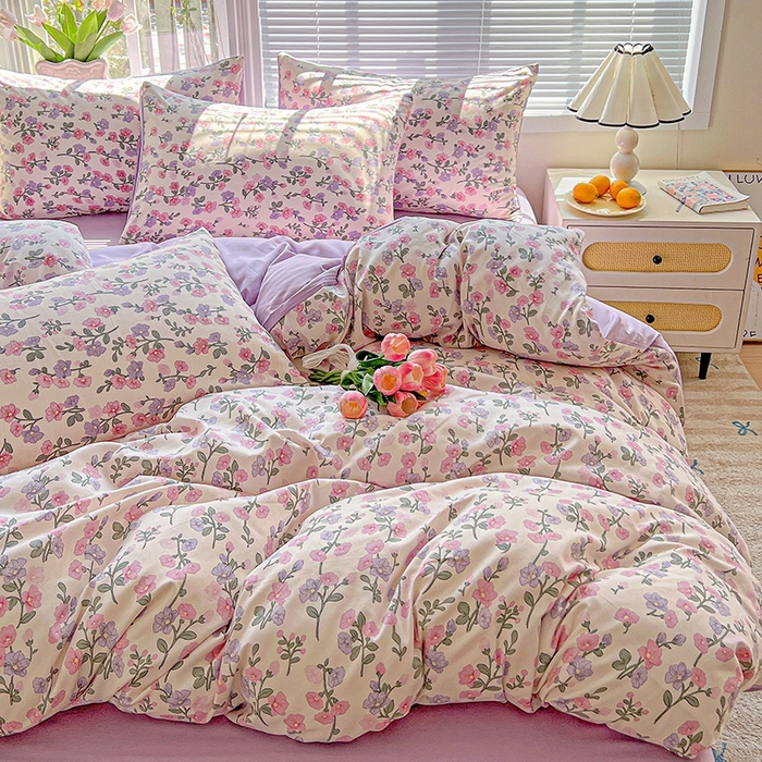 91家纺网 家纺一手货源 找家纺 2025新款水洗云朵糯糯棉简约风ins风小碎花被套床单款床笠款三四件套 花开满树