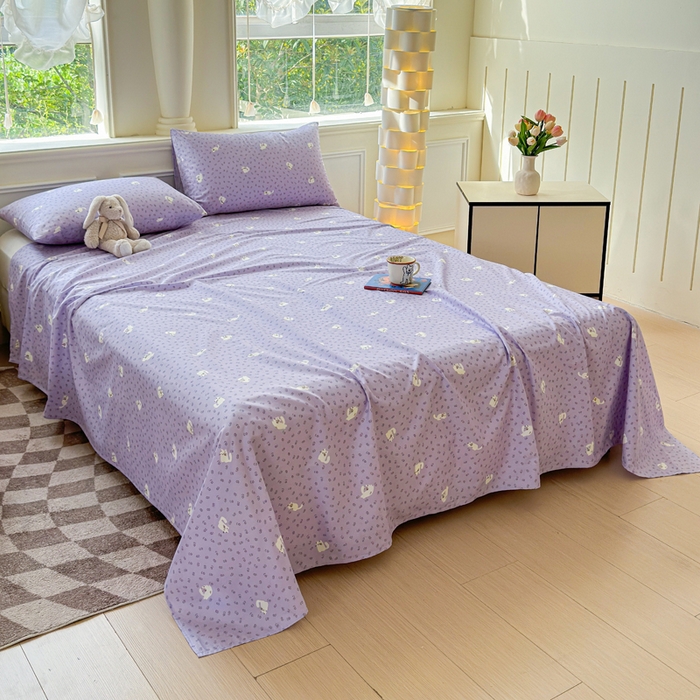 91家纺网 家纺一手货源 找家纺 2025新款全棉床单床笠 紫花猫 床单款