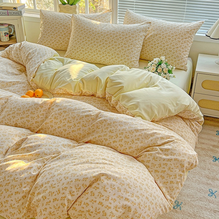 91家纺网 家纺一手货源 找家纺 2025水洗棉双层纱简约风ins风小碎花被套床单款床笠款三四件套-单被套 浅香