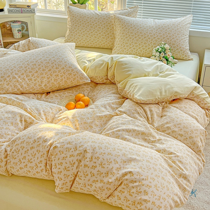 91家纺网 家纺一手货源 找家纺 2025水洗棉双层纱简约风ins风小碎花被套床单款床笠款三四件套-单被套 浅香