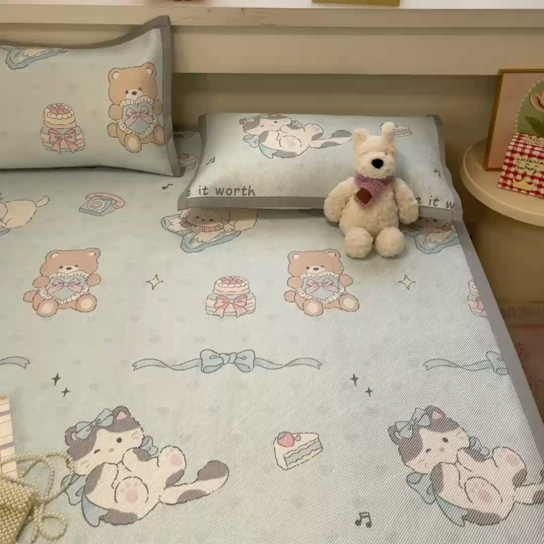 91家纺网 家纺一手货源 找家纺 慕澄家纺 2025新款小清新印花真冰藤系列凉席床席款 床席-害羞喵