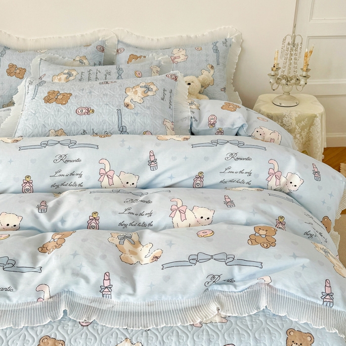 91家纺网 家纺一手货源 找家纺 添越 2024小清新韩版蕾丝花边纯棉夹棉床盖三件套全棉