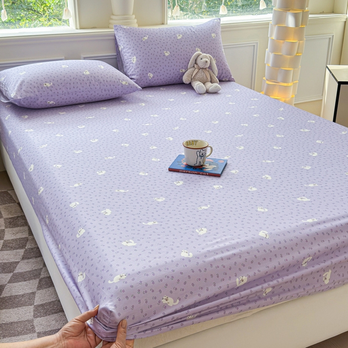 91家纺网 家纺一手货源 找家纺 2025新款全棉床单床笠 紫花猫 床笠款