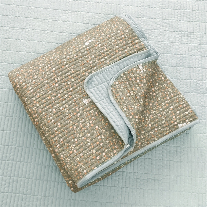 91家纺网 家纺一手货源 找家纺 恒爱 2025新款全棉印花单床盖 瞭望兔-深绿