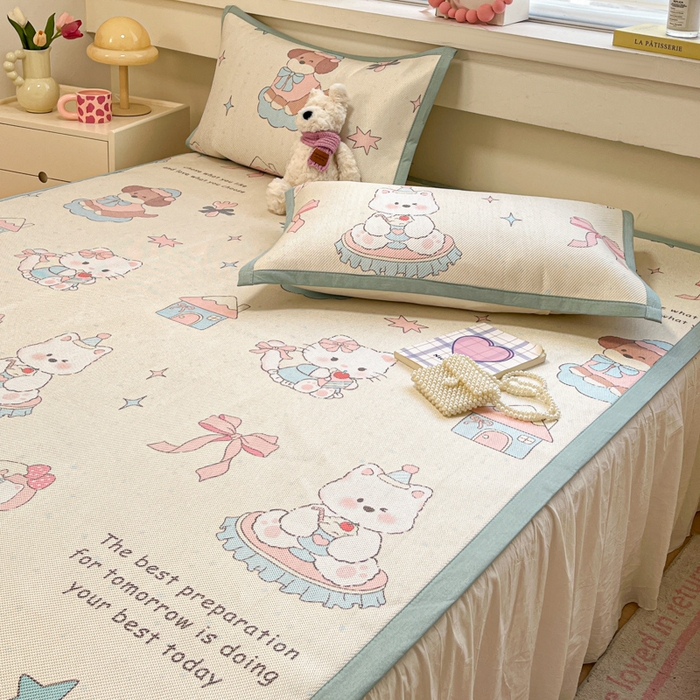 91家纺网 家纺一手货源 找家纺 慕澄家纺 2025新款小清新印花真冰藤系列凉席床席款 床席-游园会