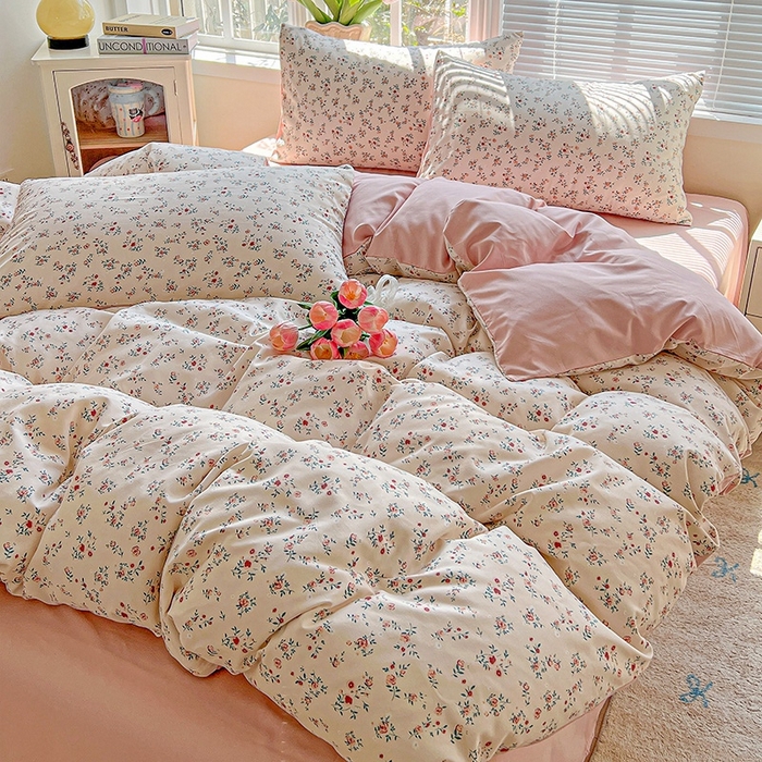 91家纺网 家纺一手货源 找家纺 2025水洗棉双层纱简约风ins风小碎花被套床单款床笠款三四件套-单被套 忘忧草