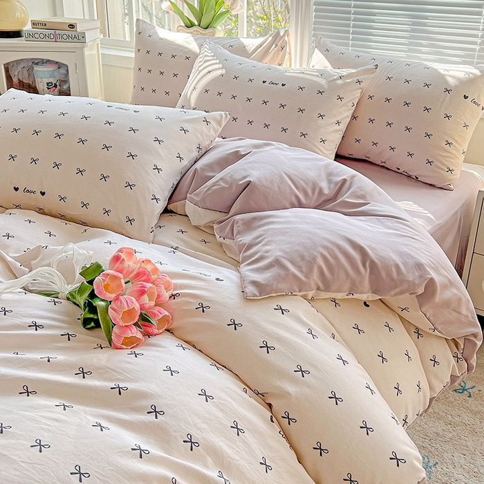 91家纺网 家纺一手货源 找家纺 2025新款水洗云朵糯糯棉简约风ins风小碎花被套床单款床笠款三四件套 蝴蝶结