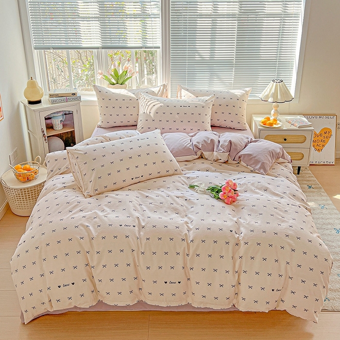 91家纺网 家纺一手货源 找家纺 2025水洗棉双层纱简约风ins风小碎花被套床单款床笠款三四件套-单被套 蝴蝶结