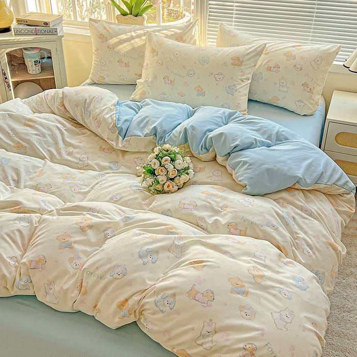 91家纺网 家纺一手货源 找家纺 2025新款水洗云朵糯糯棉简约风ins风小碎花被套床单款床笠款三四件套 萌宠