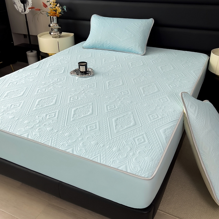 91家纺网 家纺一手货源 找家纺 世纪绒品 2025新款A类凉感压花单床笠单夏被 云朵浅蓝-单床笠