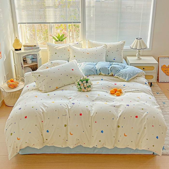 91家纺网 家纺一手货源 找家纺 2025水洗棉双层纱简约风ins风小碎花被套床单款床笠款三四件套-单被套 星月