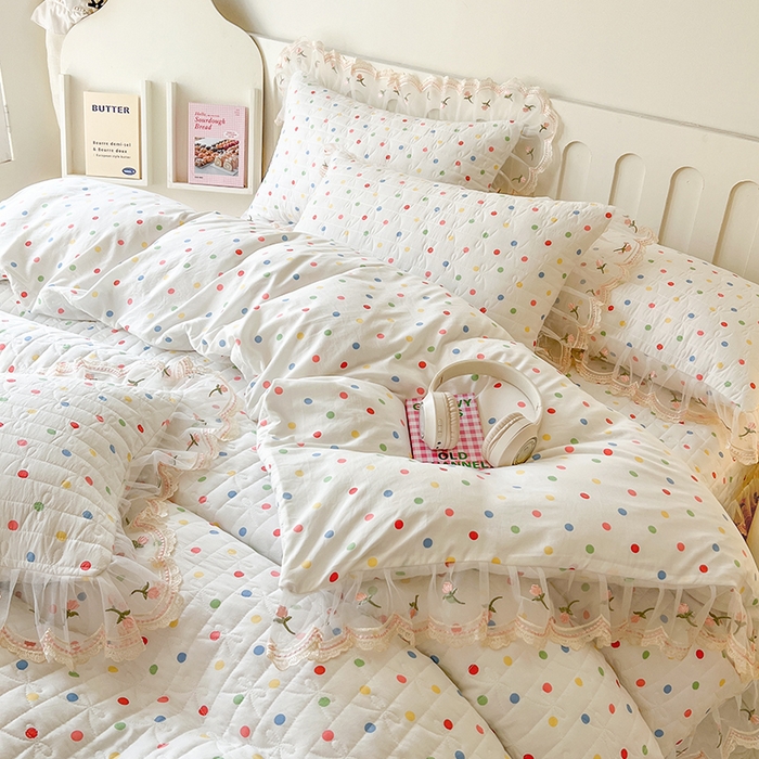 91家纺网 家纺一手货源 找家纺 网红馆 2025新款水洗棉印花床盖四件套 奶油波点