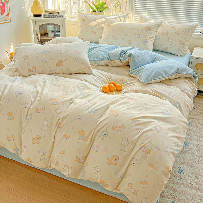 91家纺网 家纺一手货源 找家纺 2025新款水洗云朵糯糯棉简约风ins风小碎花被套床单款床笠款三四件套 萌宠