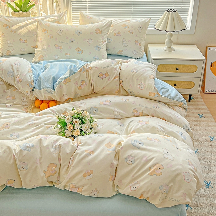 91家纺网 家纺一手货源 找家纺 2025水洗棉双层纱简约风ins风小碎花被套床单款床笠款三四件套-单被套 萌宠