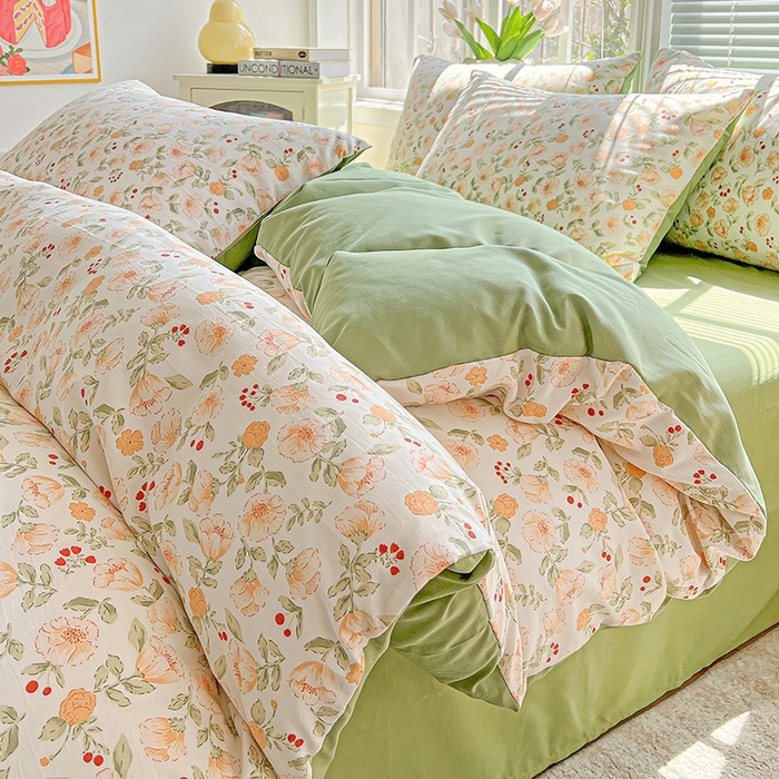 91家纺网 家纺一手货源 找家纺 2025水洗棉双层纱简约风ins风小碎花被套床单款床笠款三四件套-单被套 热恋