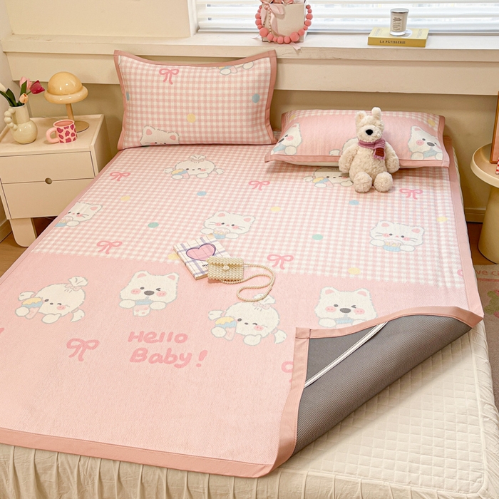 91家纺网 家纺一手货源 找家纺 慕澄家纺 2025新款小清新印花真冰藤系列凉席床席款 床席-格子奶芙芙