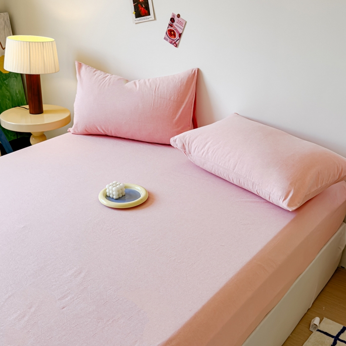 91家纺网 家纺一手货源 找家纺 2025新款全棉色织水洗棉床单床笠 嫩粉 床笠款