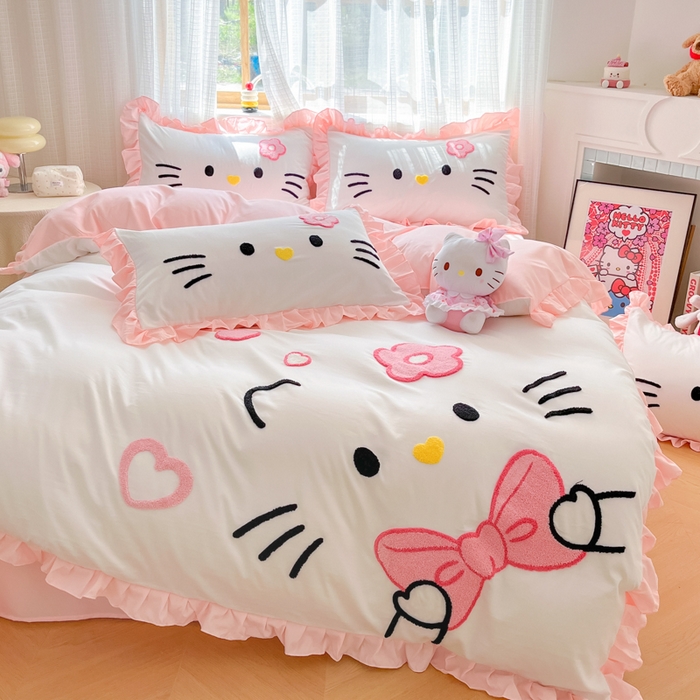 91家纺网 家纺一手货源 找家纺 （总）泉欣家纺 2025新款网红可爱卡通公主风毛巾绣花水洗棉四件套（专版花型）甜甜猫咪