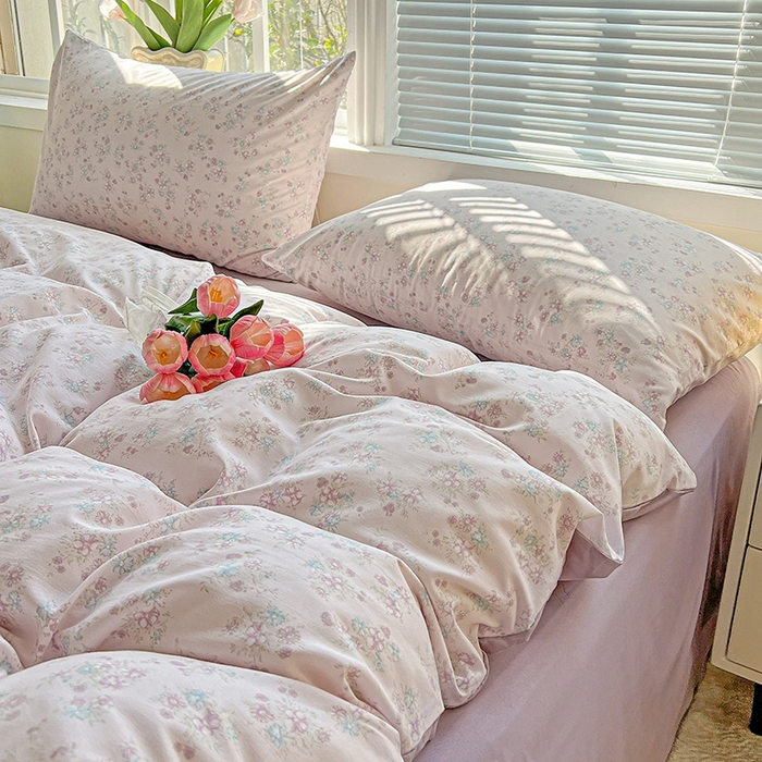 91家纺网 家纺一手货源 找家纺 2025水洗棉双层纱简约风ins风小碎花被套床单款床笠款三四件套-单被套 花梦