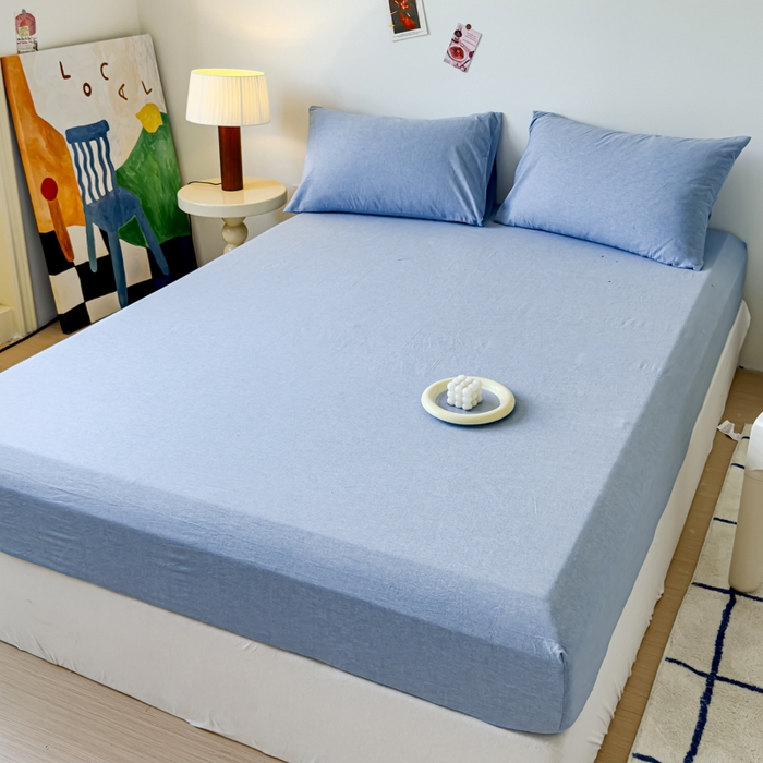 91家纺网 家纺一手货源 找家纺 2025新款全棉色织水洗棉床单床笠 天蓝 床笠款