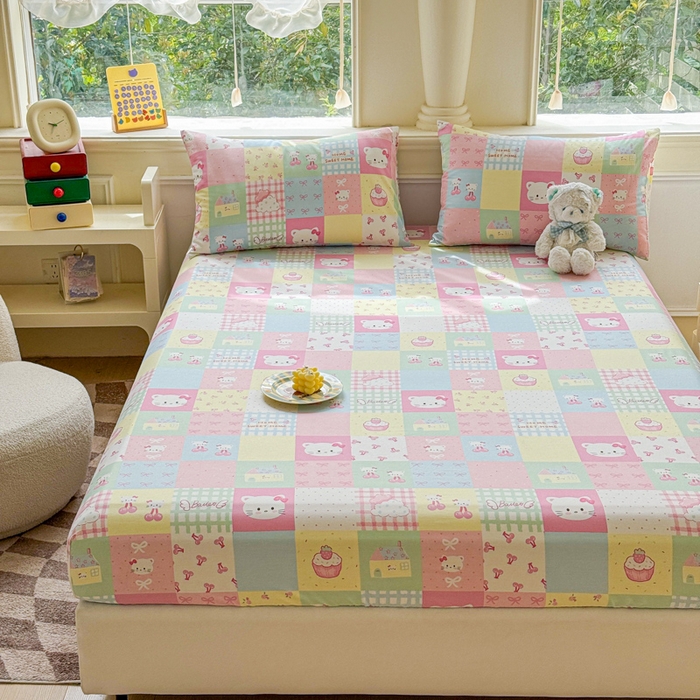 91家纺网 家纺一手货源 找家纺 2025新款全棉床单床笠 格子猫咪 床笠款