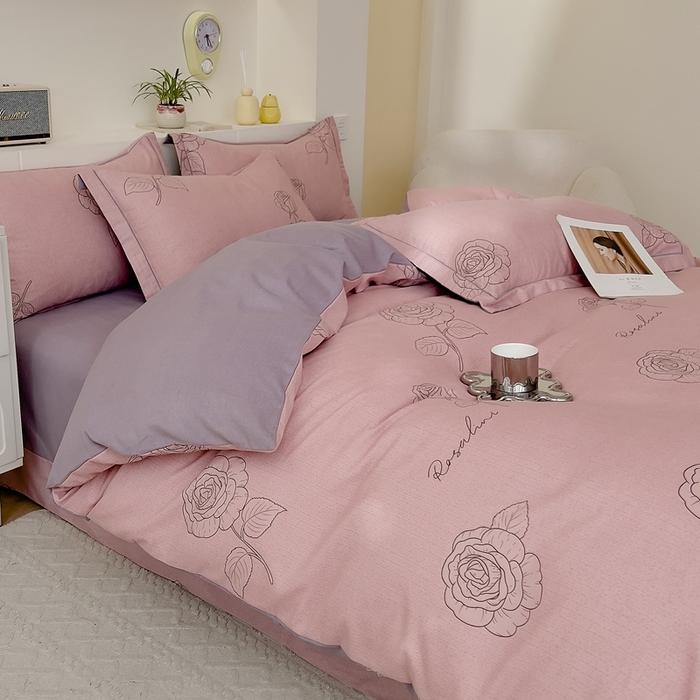 91家纺网 家纺一手货源 找家纺 优品阁 2024新款全棉磨毛四件套 法风玫瑰-粉