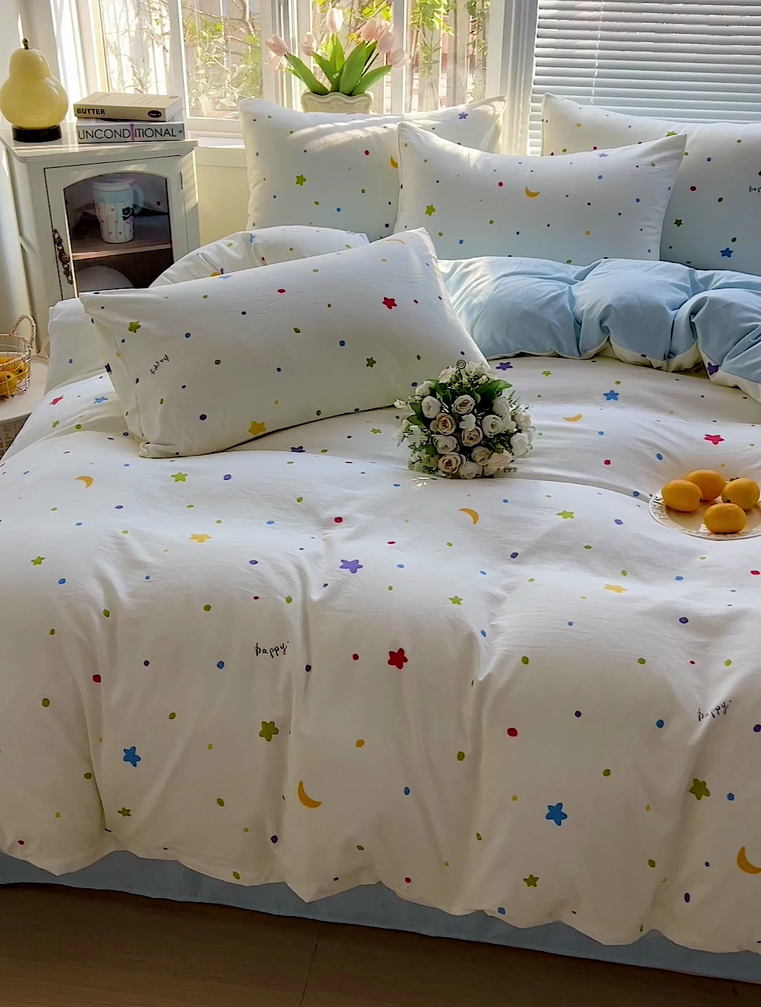 91家纺网 家纺一手货源 找家纺 2025水洗棉双层纱简约风ins风小碎花被套床单款床笠款三四件套-单被套 星月