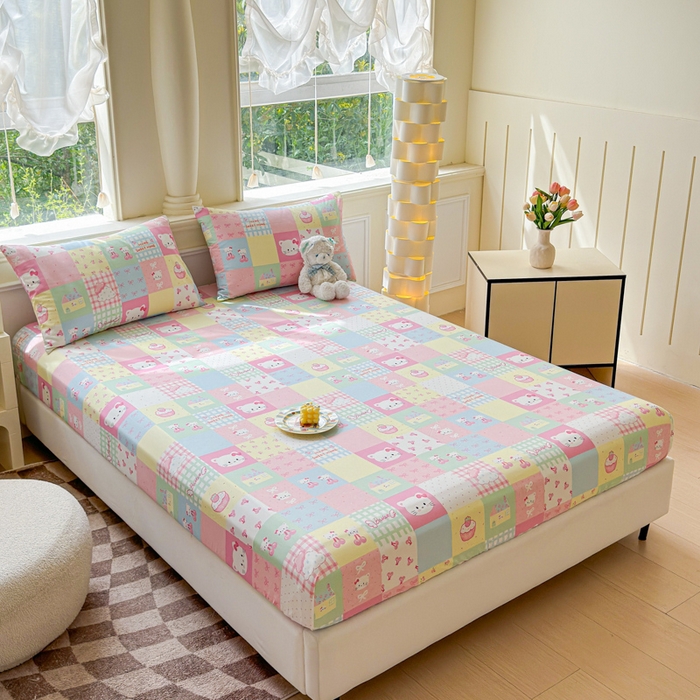 91家纺网 家纺一手货源 找家纺 2025新款全棉床单床笠 格子猫咪 床笠款