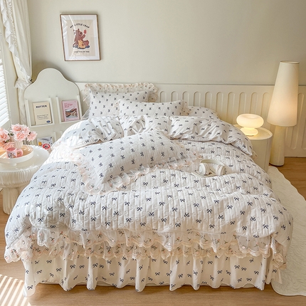 网红馆 2025新款水洗棉印花床盖四件套 蝴蝶结