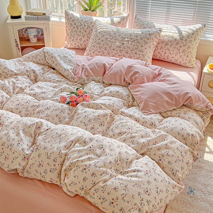 91家纺网 家纺一手货源 找家纺 2025水洗棉双层纱简约风ins风小碎花被套床单款床笠款三四件套-单被套 忘忧草