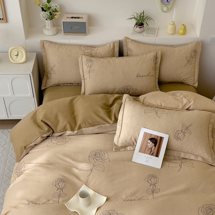 91家纺网 家纺一手货源 找家纺 优品阁 2024新款全棉磨毛四件套 法风玫瑰-咖