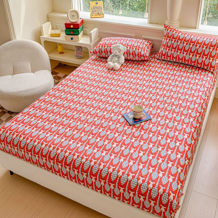 91家纺网 家纺一手货源 找家纺 2025新款全棉床单床笠 长颈鹿 床笠款