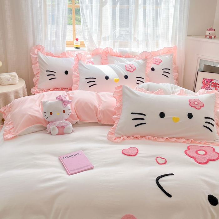 91家纺网 家纺一手货源 找家纺 （总）泉欣家纺 2025新款网红可爱卡通公主风毛巾绣花水洗棉四件套（专版花型）甜甜猫咪