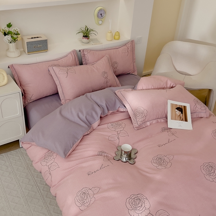 91家纺网 家纺一手货源 找家纺 优品阁 2024新款全棉磨毛四件套 法风玫瑰-粉