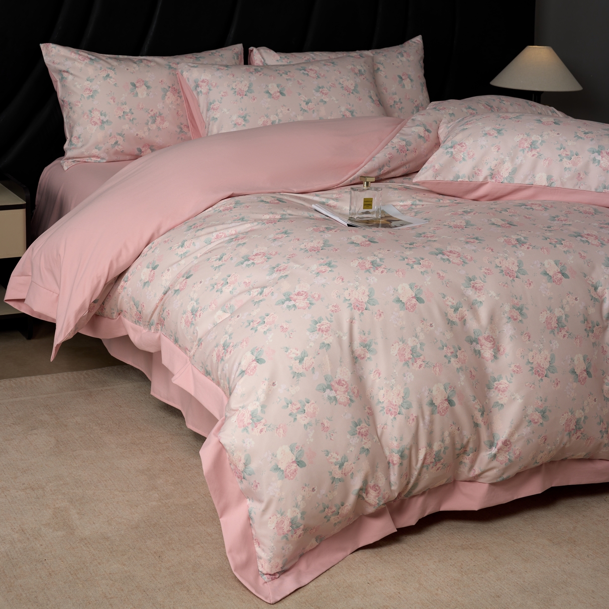 91家纺网 家纺一手货源 找家纺 丽卡家纺 2025新款数码印花有氧双层纱四件套 典雅粉