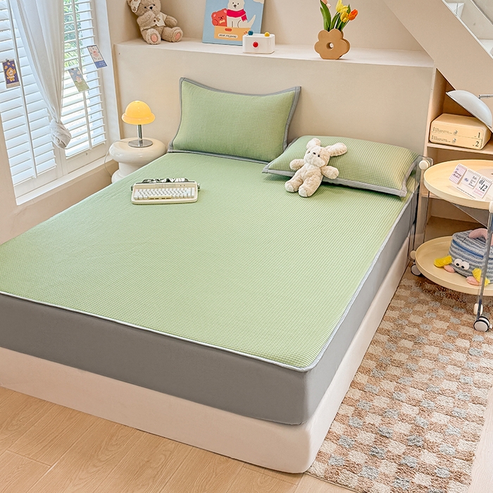 91家纺网 家纺一手货源 找家纺 金盛纺 2025新款冰豆豆凉席-床笠款 华夫格-绿