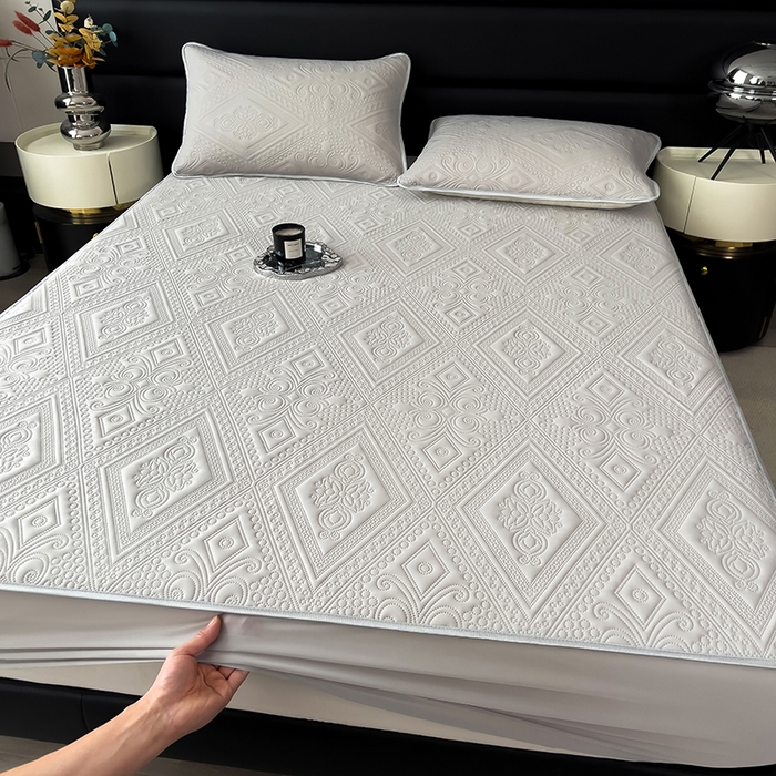 91家纺网 家纺一手货源 找家纺 世纪绒品 2025新款A类凉感压花单床笠单夏被 星月浅灰-单夏被