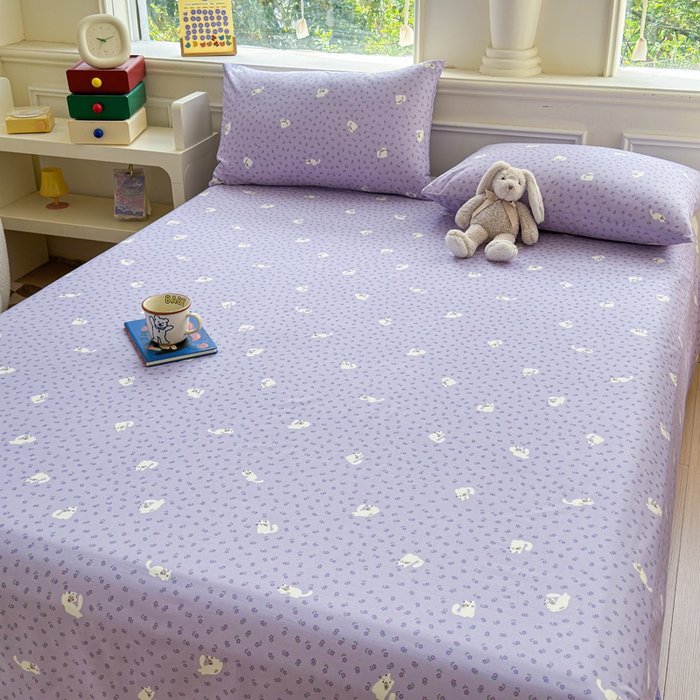 91家纺网 家纺一手货源 找家纺 2025新款全棉床单床笠 紫花猫 床单款