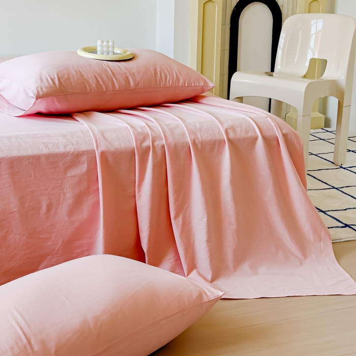 91家纺网 家纺一手货源 找家纺 2025新款全棉色织水洗棉床单床笠 嫩粉 床单款