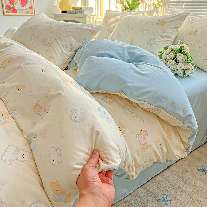 91家纺网 家纺一手货源 找家纺 2025水洗棉双层纱简约风ins风小碎花被套床单款床笠款三四件套-单被套 萌宠