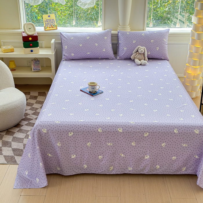 91家纺网 家纺一手货源 找家纺 2025新款全棉床单床笠 紫花猫 床单款